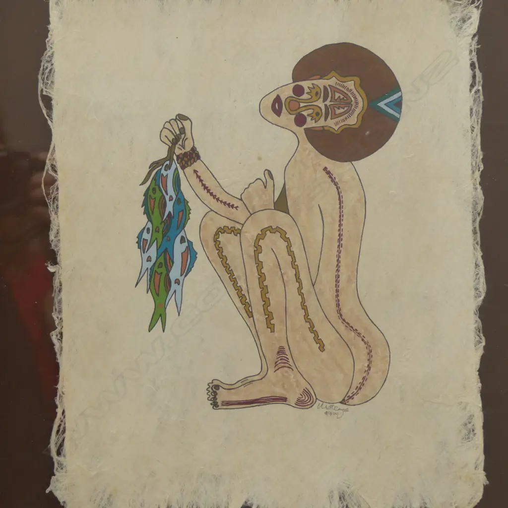 4 FIJIAN ARTWORKS, MIXED MEDIA ON BARK CLOTH; GATHERING SHELLS 250x480mm ETC Image 1++