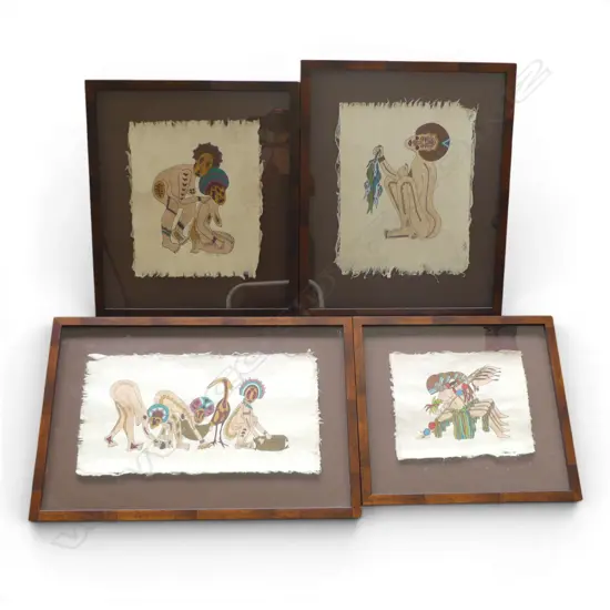 4 FIJIAN ARTWORKS, MIXED MEDIA ON BARK CLOTH; GATHERING SHELLS 250x480mm ETC