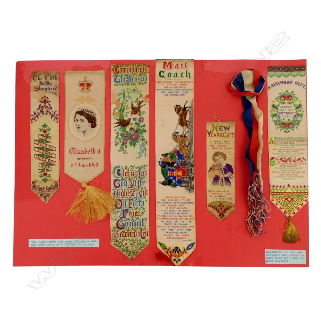 COLLECTION 6 late 19thC EARLY MID 20thC SILKS machine embroided: The Lord Is My Shepherd + Compliments of the Season etc Image 1++