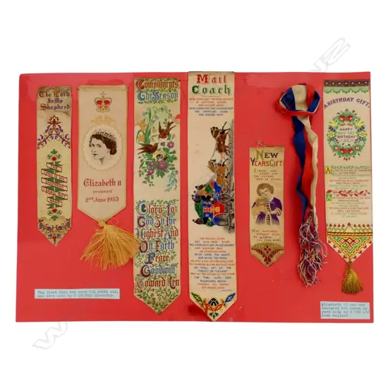 COLLECTION 6 late 19thC EARLY MID 20thC SILKS machine embroided: The Lord Is My Shepherd + Compliments of the Season etc