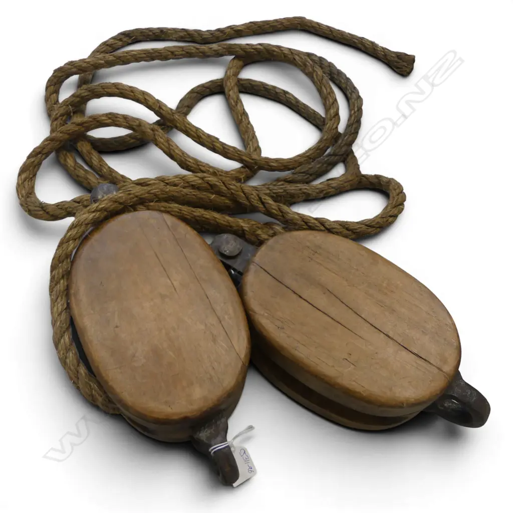 2 VINTAGE WOOD PULLEYS w. ROPE  Image 1++