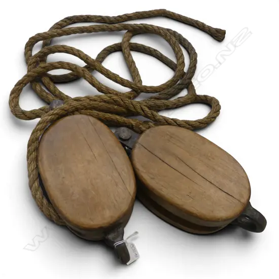 2 VINTAGE WOOD PULLEYS w. ROPE 