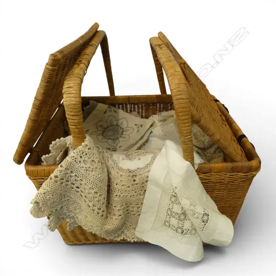 LARGE 2 HANDLED WICKER BASKET L500MMFULL OF VINTAGE CROCHET LINEN
