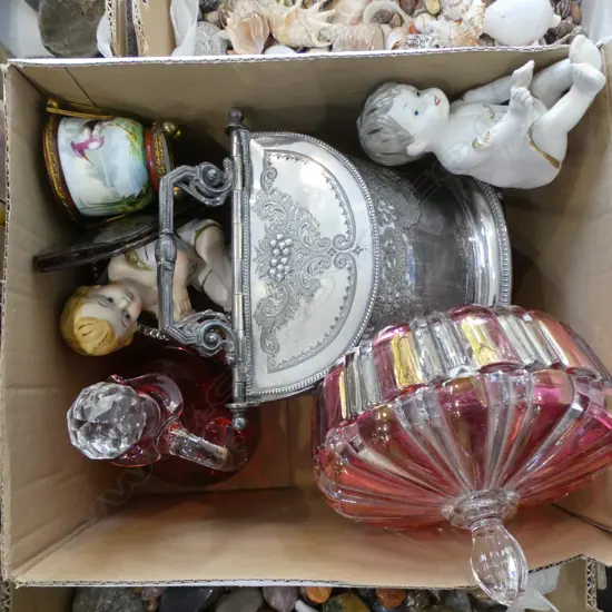 EP CONTAINER, PR SILVER OVER COPPER WINE COASTERS, 2 PIANO BABIES, GLASS JUG & CONTAINER, VASE, CIGAR CASE
