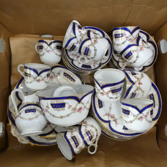 VINTAGE ENGLISH BONE CHINA TEA SERVICE, 12 TRIOS, M/S, 2 CAKE PLATES