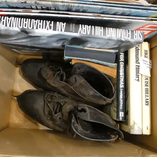 ASST. BOOKS / MAGAZINES ON SIR EDMUND HILLARY + PR VINTAGE LEATHER MOUNTAIN BOOTS