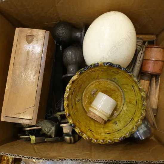 ASST. COLLECTIBLES; OSTRICH EGG, DOOR KNOCKERS & HANDLES, POTTERY, etc