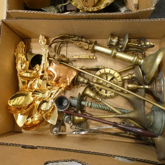 ASST. METALWARE w. MOSTLY BRASS CANDLESTICKS  