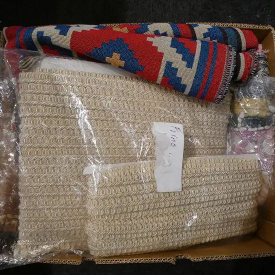 ASST. FABRICS; WHITE DAMASK, PATCHWORK, ETHNIC, GIMP TRIM ETC
