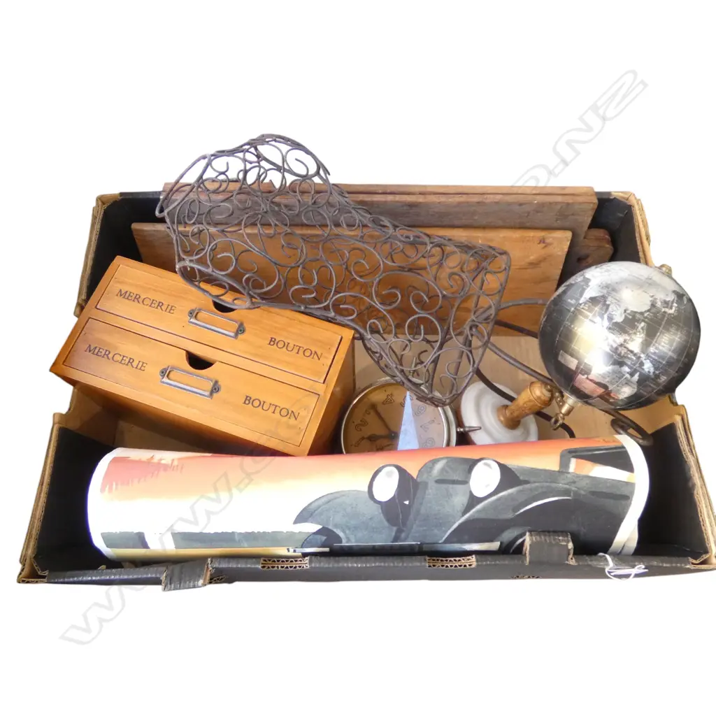 ASSTD ITEMS - GLOBE, DRESS MODEL, MERCERIE BOX, POSTER, CLOCK ETC Image 1++