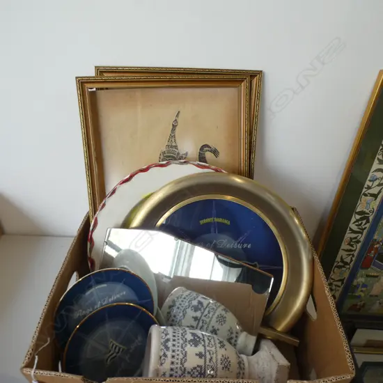 BOX OF ASST. PLATES, RUBBINGS, MIRROR, POTTERY PLATE by HEATHER MEG etc
