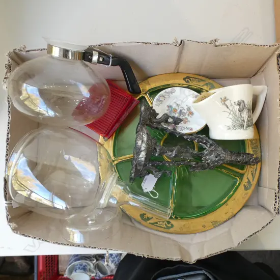 ASST. COLLECTABLES INCLDS; GREEN GLASS SECTIONED HORS D'OEUVRES DISH & PLATED GOTHIC CANDLESTICK