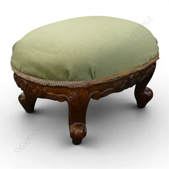 MAHOGANY CARVED BUN FOOTSTOOL GREEN VELVET TOP  H260 L450MM