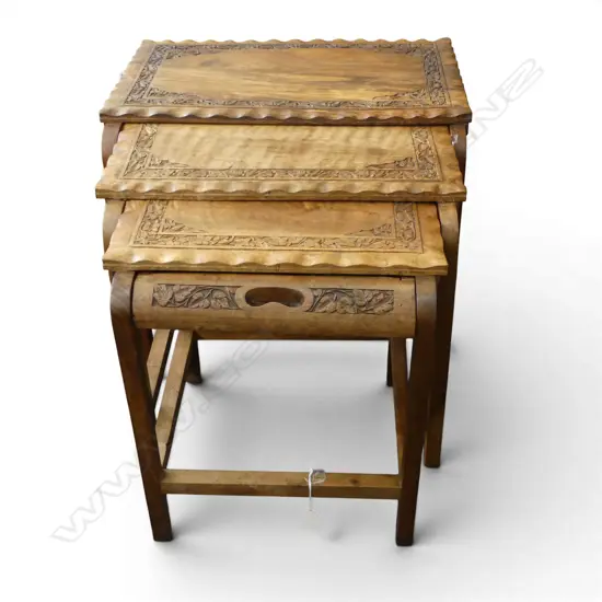 3 CARVED WOODEN SIDE TABLES W.500mm