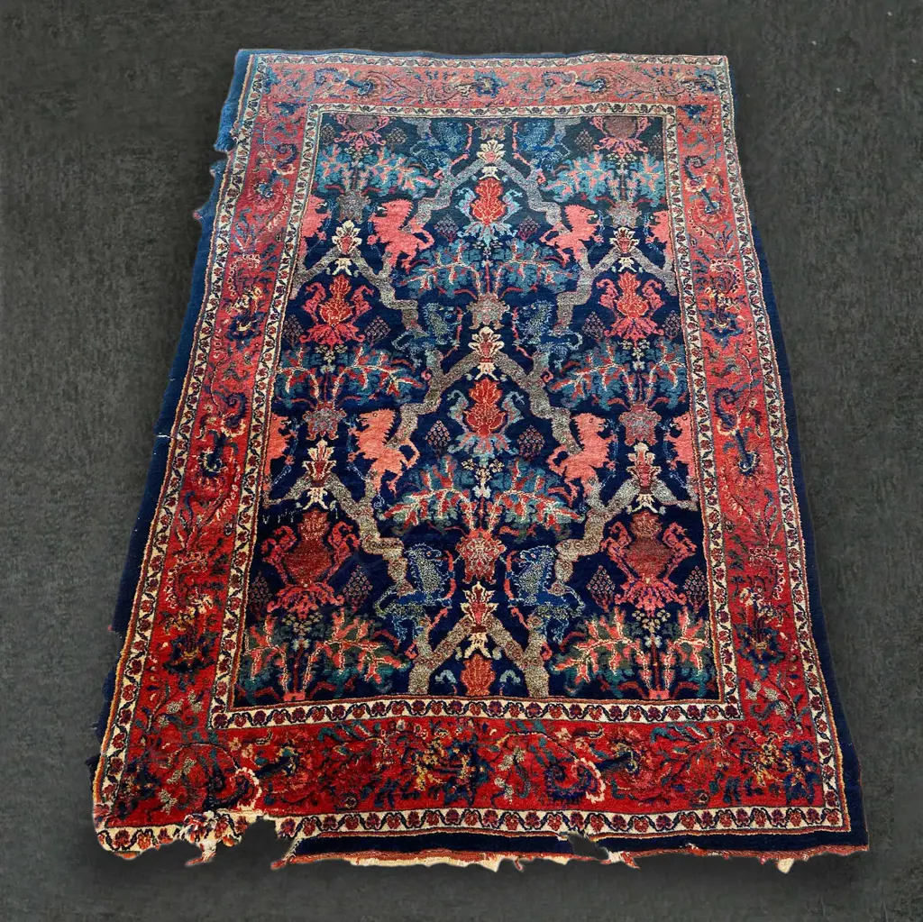 c.1930 IRANIAN WOOL/COTTON RUG, UNCONVENTIONAL HERALDIC IMAGERY, 2010 x 1320mm DAMAGE TO EDGES Image 1++