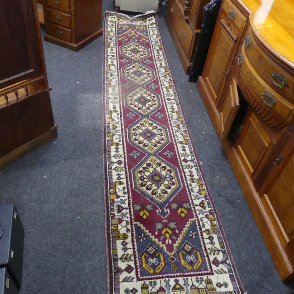 ANATOLI HALI HANDKNOTTED RUNNER RUG all wool 3600 x 750mm. Copy of original 1998 purchase receipt attached Image 1++