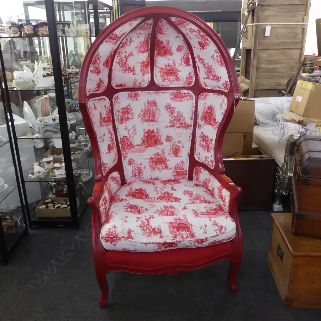 MODERN ANTIQUE STYLE  HALL CANOPY PORTER'S CHAIR. Red painted frame with MATCHING UPHOLSTERED STOOL Image 1++