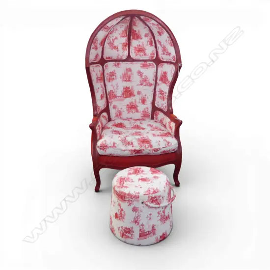 MODERN ANTIQUE STYLE  HALL CANOPY PORTER'S CHAIR. Red painted frame with MATCHING UPHOLSTERED STOOL