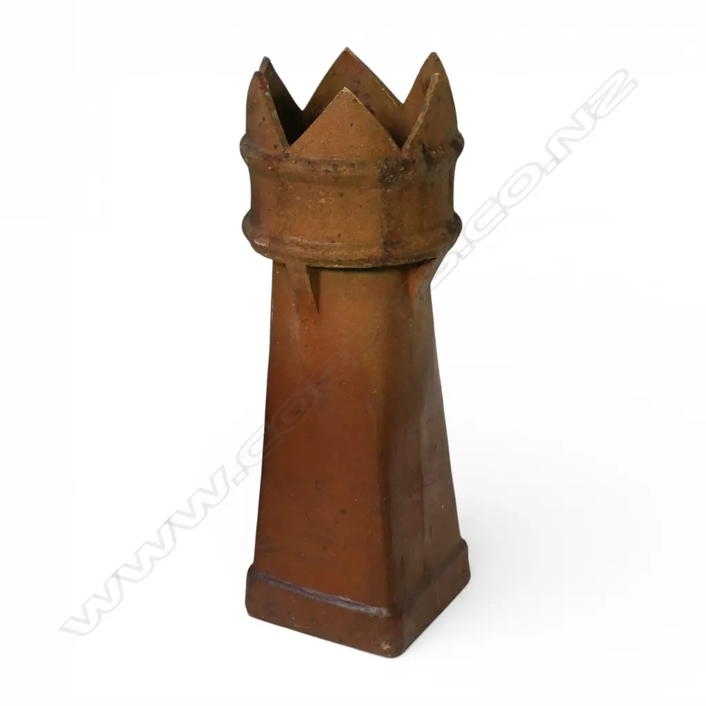 A 19thC tall salt glazed crown top chimney pot on a tapered square base. H.1080mm. Image 1++