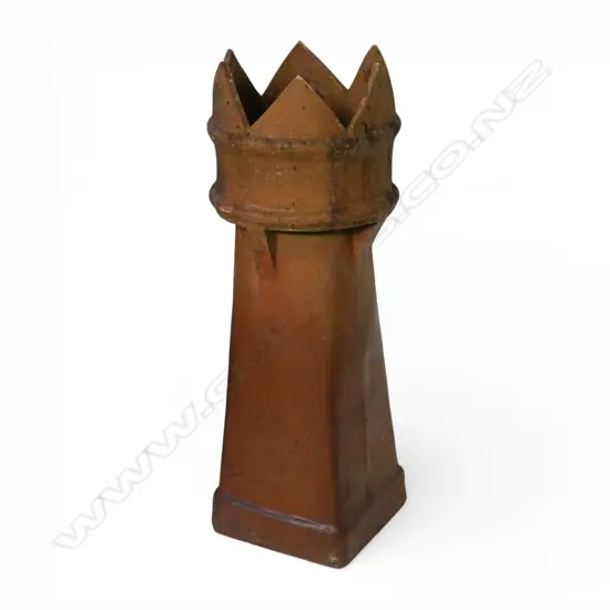 A 19thC tall salt glazed crown top chimney pot on a tapered square base. H.1080mm.