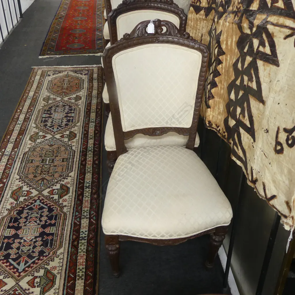 6 ANTIQUE CARVED OAK DINING CHAIRS, CREAM UPHOLSTERY Image 1++