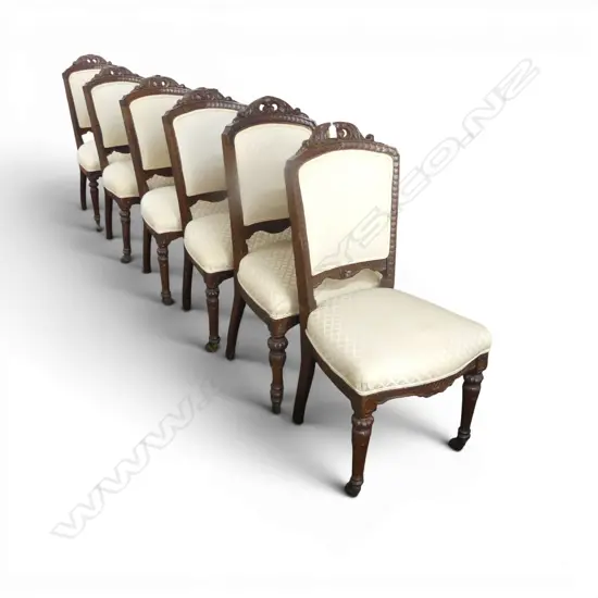 6 ANTIQUE CARVED OAK DINING CHAIRS, CREAM UPHOLSTERY