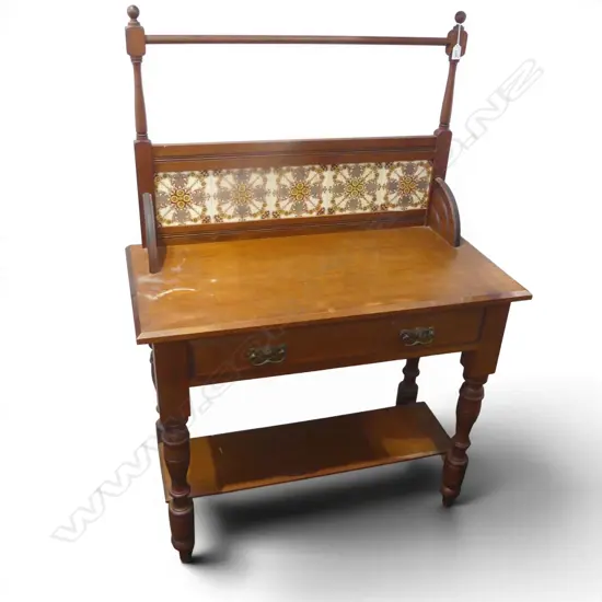 19thC NZ COLONIAL TILE BACK WASH STAND 915 x 440 x 1320mm. False drawer. Slight water mark to top
