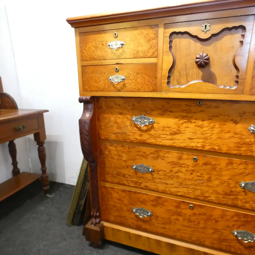 19thC NZ CONIAL KAURI & MOTTLED KAURI SCOTCH CHEST 1200x600x1255mm. Carved columns w lion's paw feet Image 1++