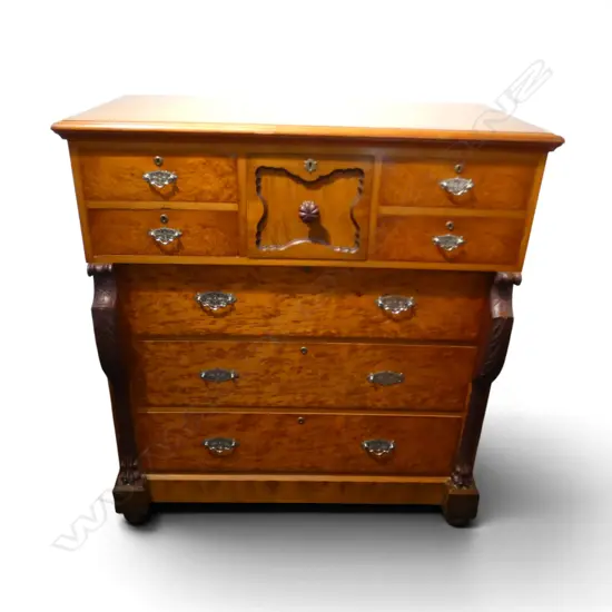 19thC NZ CONIAL KAURI & MOTTLED KAURI SCOTCH CHEST 1200x600x1255mm. Carved columns w lion's paw feet