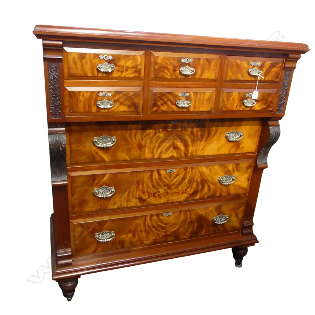 19thC NZ COLONIAL STAINED KAURI SCOTCH CHEST 1150 x 610 x 1320mm. Matching figured veneer drawer fronts. Image 1++