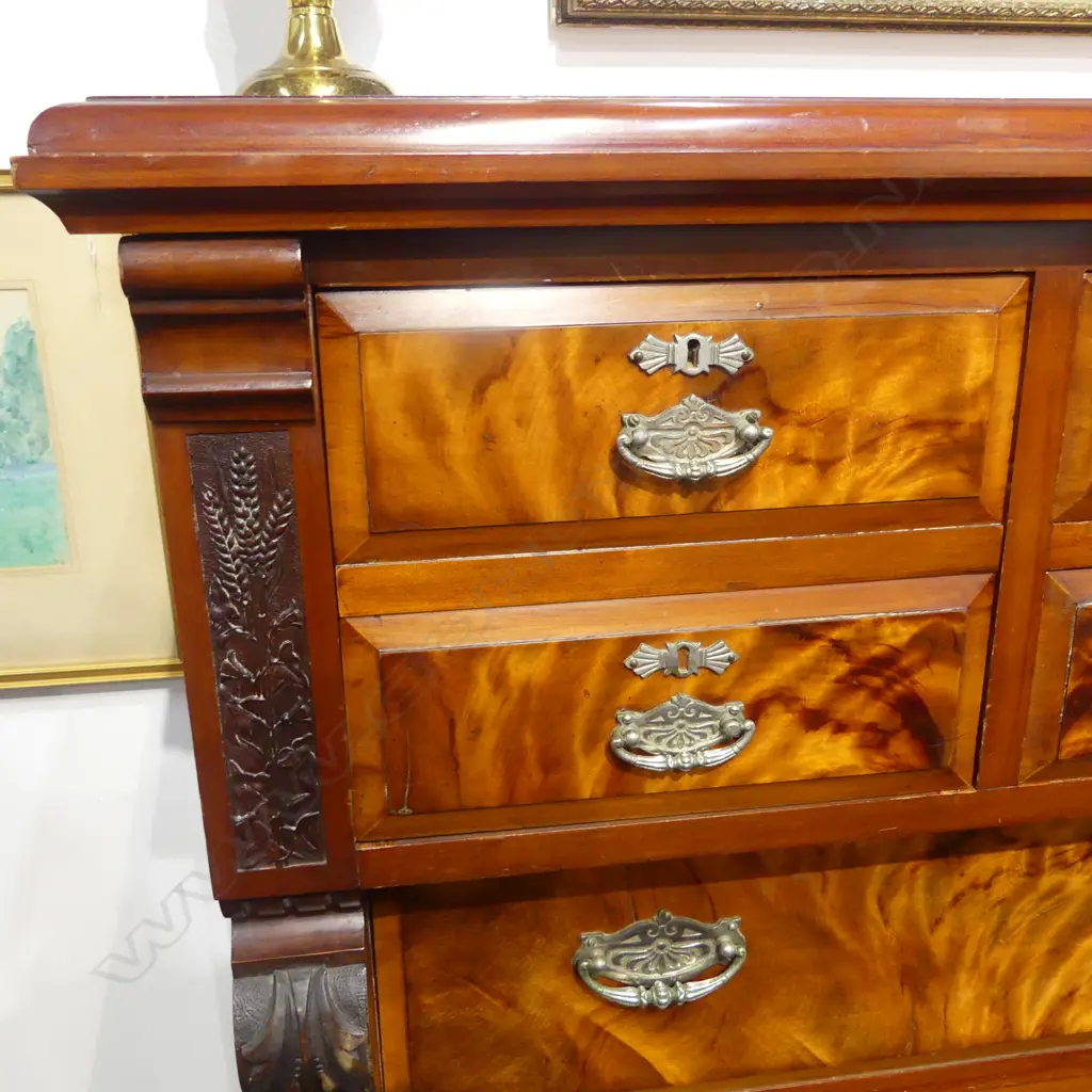 19thC NZ COLONIAL STAINED KAURI SCOTCH CHEST 1150 x 610 x 1320mm. Matching figured veneer drawer fronts. Image 1++