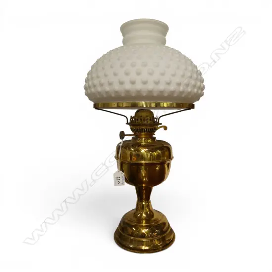 'DUPLEX' English BRASS KEROSENE LAMP W NOBBLY WHITE GLASS SHADE H.490mm