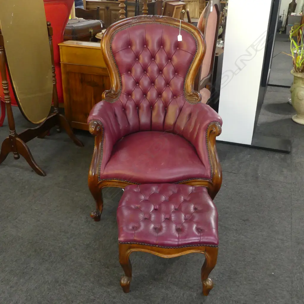 MAHOGANY FRAMED OX BLOOD DEEP BUTTONED LEATHER GRANDFATHER CHAIR & MATCHING STOOL  Image 1++
