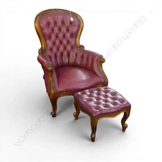 MAHOGANY FRAMED OX BLOOD DEEP BUTTONED LEATHER GRANDFATHER CHAIR & MATCHING STOOL 