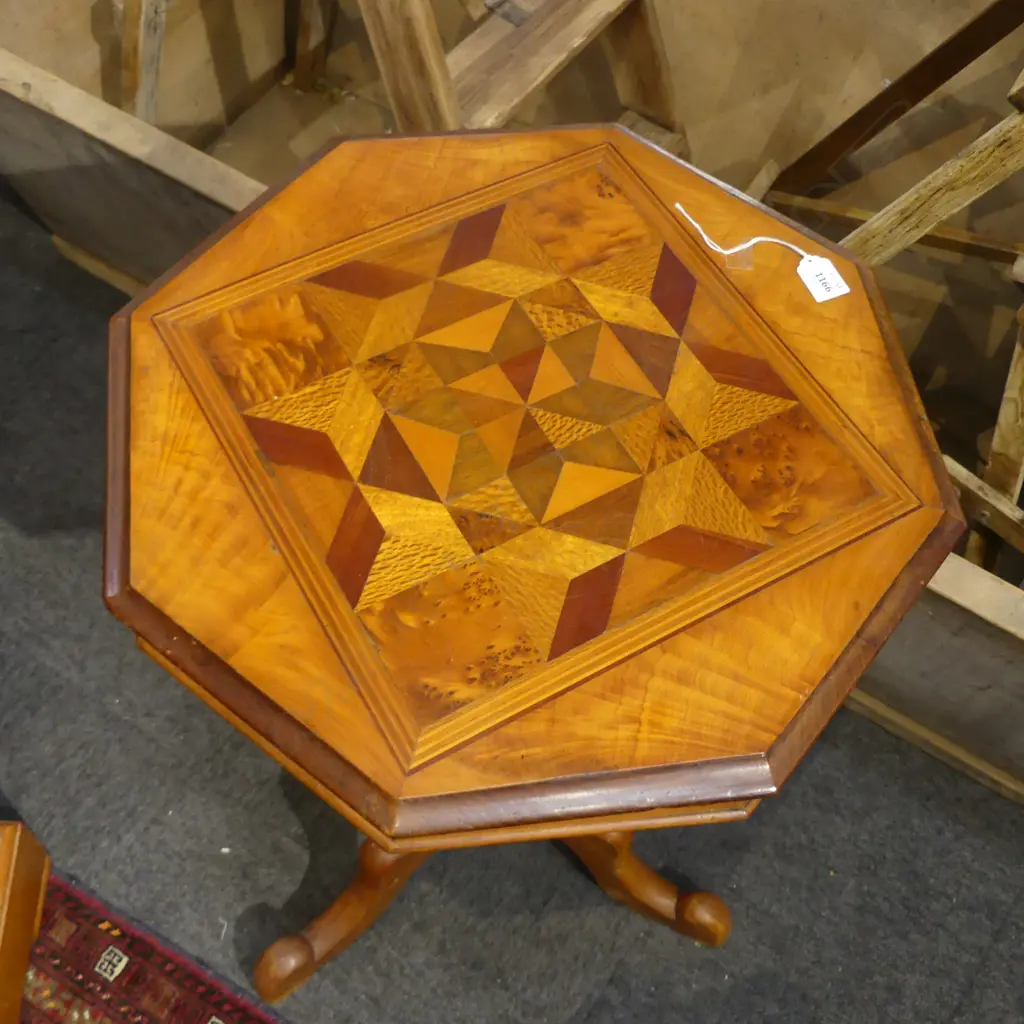 19THC NZ COLONIAL MIXED TIMBER INLAID OCTAGONAL WORKTABLE (some borer to interior) Dia.545mm. H.785mm. Image 1++