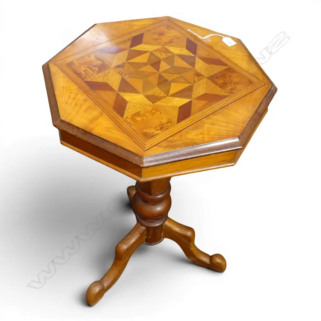 19THC NZ COLONIAL MIXED TIMBER INLAID OCTAGONAL WORKTABLE (some borer to interior) Dia.545mm. H.785mm. Image 1++