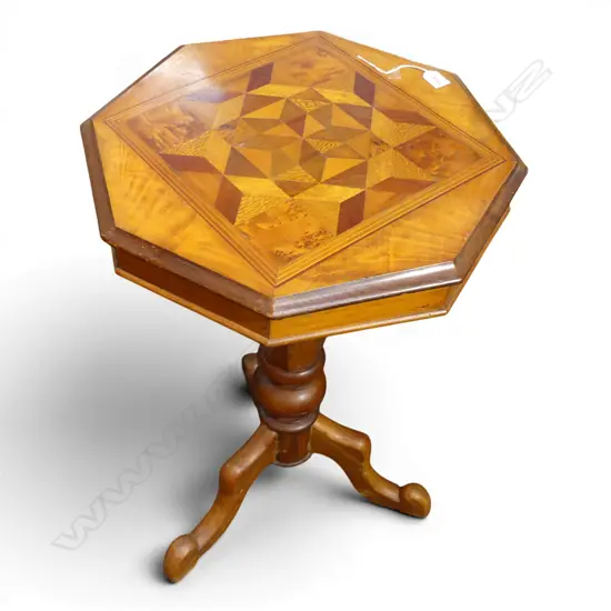 19THC NZ COLONIAL MIXED TIMBER INLAID OCTAGONAL WORKTABLE (some borer to interior) Dia.545mm. H.785mm.