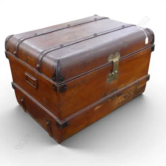 A Victorian metal trunk with studded strapping metal side handles and blue painted interior. W.700 x D.500 x H.450mm.