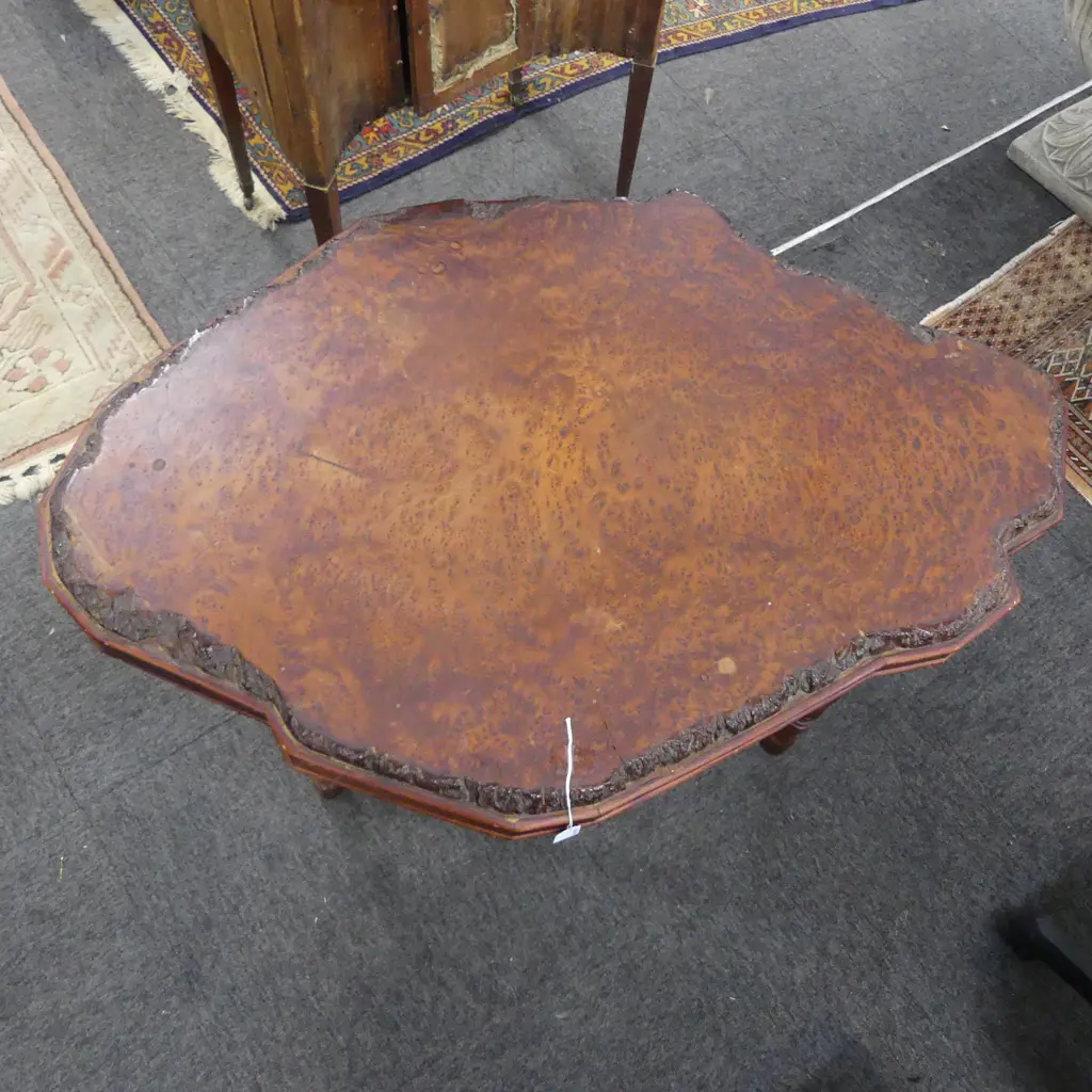 EARLY 20thC SOLID TOTARA BURR TOP SIDE TABLE 1040x690x515mm. Natural edge to slab top. Image 1++