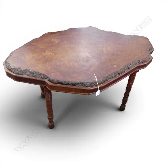 EARLY 20thC SOLID TOTARA BURR TOP SIDE TABLE 1040x690x515mm. Natural edge to slab top.
