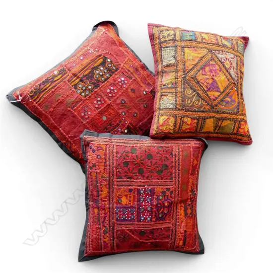 3 X INDIAN PATCHWORK COTTON CUSHION COVERS, 440 X 440MM