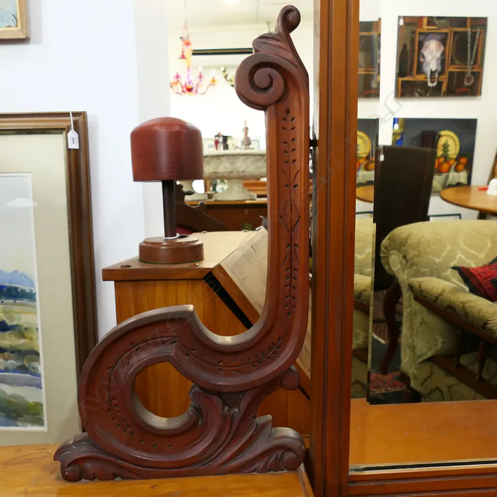 19thC NZ COLONIAL DRESSING TABLE 1190x590x1650mm. Mottled veneered drawers. Scroll carved mirror supports. All original Image 1++