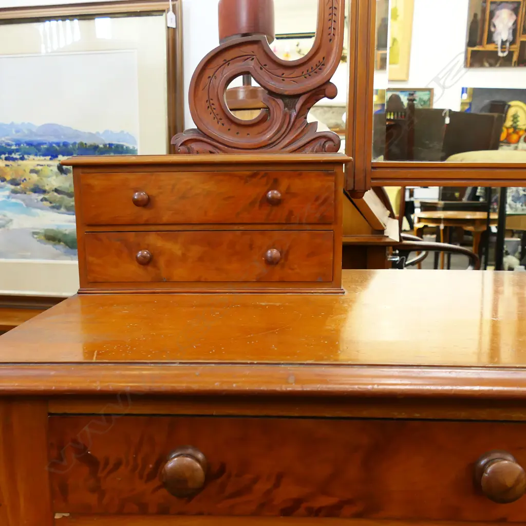 19thC NZ COLONIAL DRESSING TABLE 1190x590x1650mm. Mottled veneered drawers. Scroll carved mirror supports. All original Image 1++