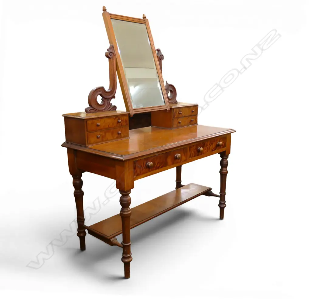 19thC NZ COLONIAL DRESSING TABLE 1190x590x1650mm. Mottled veneered drawers. Scroll carved mirror supports. All original Image 1++