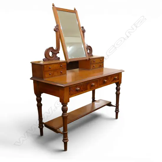 19thC NZ COLONIAL DRESSING TABLE 1190x590x1650mm. Mottled veneered drawers. Scroll carved mirror supports. All original