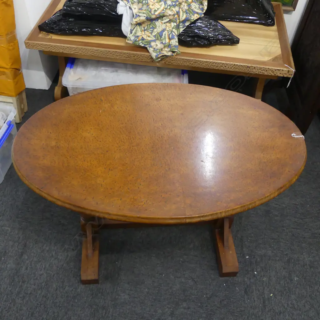 EARLY 20thC NZ SIDE TABLE w. OVAL 2PCE SOLID BURR TOTARA TOP. 910 x 570 x 600mm Image 1++