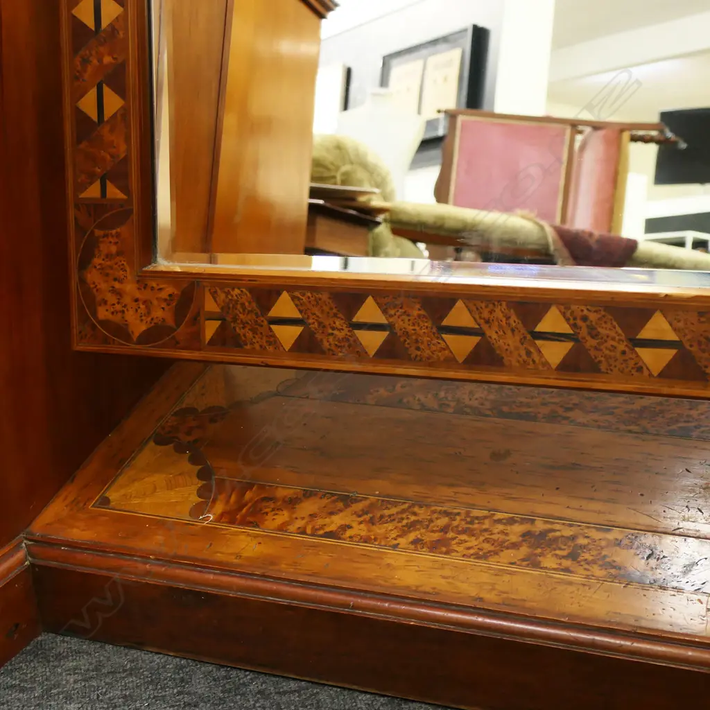 19thC SUPERB QUALITY KAURI INLAID DRESSING TABLE 1600 x 560 x 1870mm. Mottled panels + burr totara & rewarewa inlays Image 1++