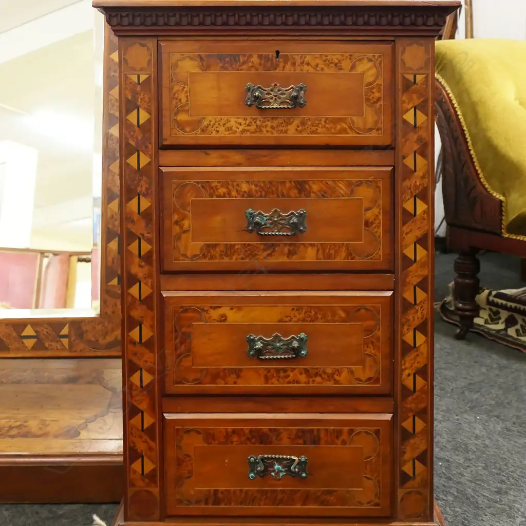 19thC SUPERB QUALITY KAURI INLAID DRESSING TABLE 1600 x 560 x 1870mm. Mottled panels + burr totara & rewarewa inlays Image 1++
