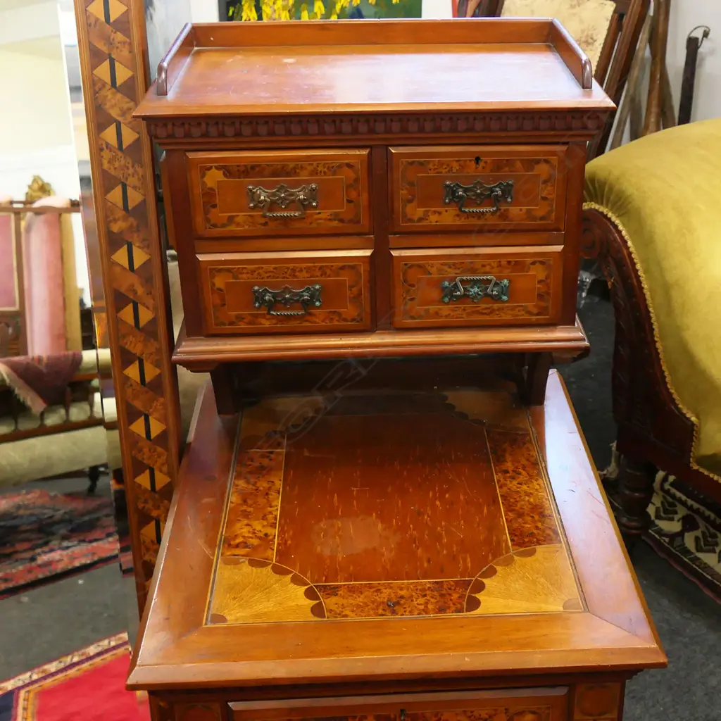 19thC SUPERB QUALITY KAURI INLAID DRESSING TABLE 1600 x 560 x 1870mm. Mottled panels + burr totara & rewarewa inlays Image 1++