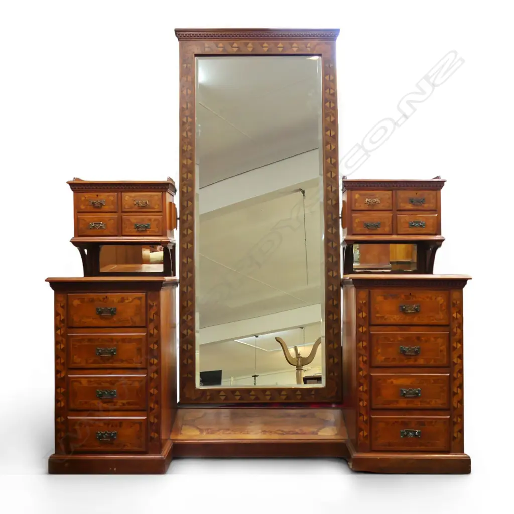 19thC SUPERB QUALITY KAURI INLAID DRESSING TABLE 1600 x 560 x 1870mm. Mottled panels + burr totara & rewarewa inlays Image 1++